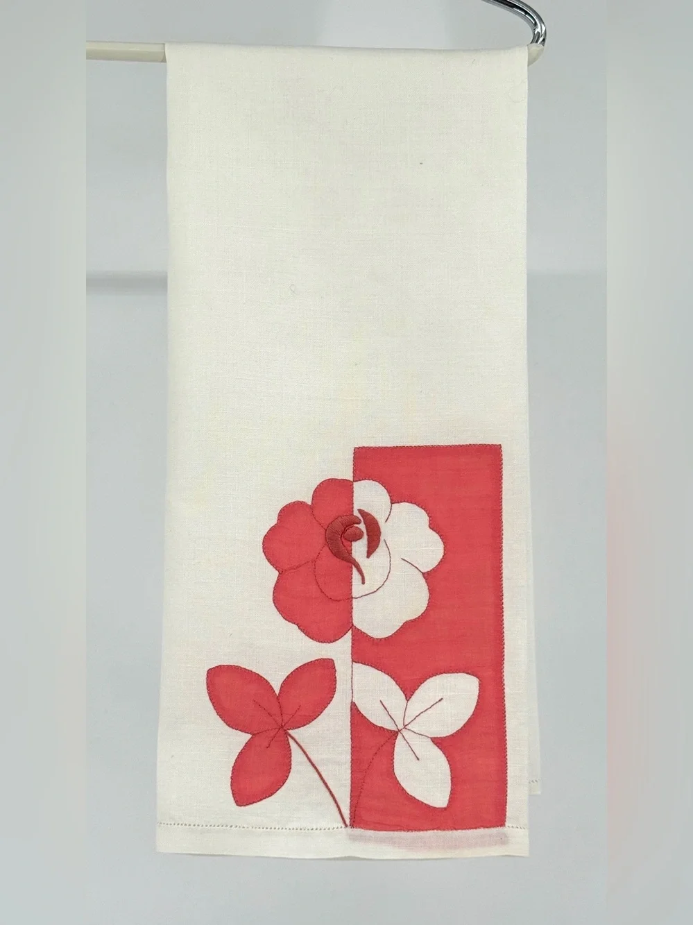 Vintage set of mid-century modern hand appliqué linen cotton tea towels